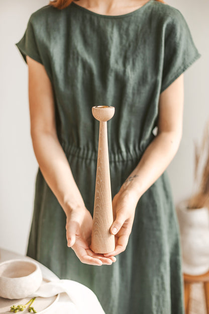 Lot de 2 chandeliers longs tournés à la main en bois – Design élégant en chêne