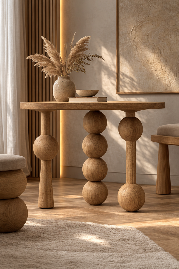 Pied de meuble en bois avec quatre détails sphériques – Design artisanal, lot de 3, H670 mm