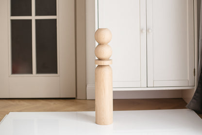 Pied de table basse en bois naturel avec deux sphères supérieures – Fabrication artisanale, H540 mm