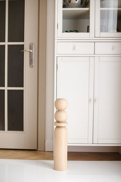 Pied de table basse en bois naturel avec deux sphères supérieures – Fabrication artisanale, H540 mm