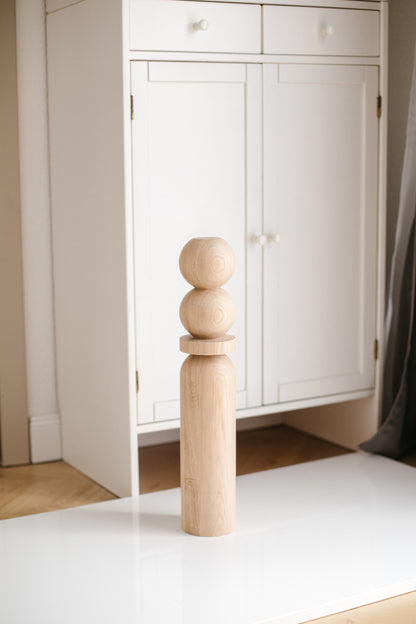 Pied de table basse en bois naturel avec deux sphères supérieures – Fabrication artisanale, H540 mm