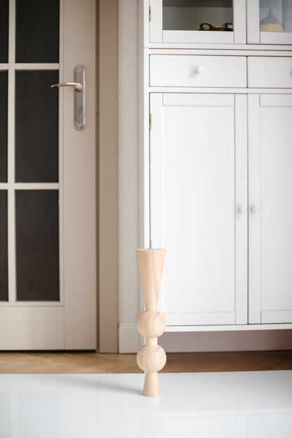 Pied de Table Basse en Bois Naturel avec Double Sphère Supérieure – Design Fait Main, H400 mm