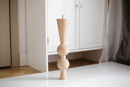 Pied de Table Basse en Bois Naturel avec Double Sphère Supérieure – Design Fait Main, H400 mm